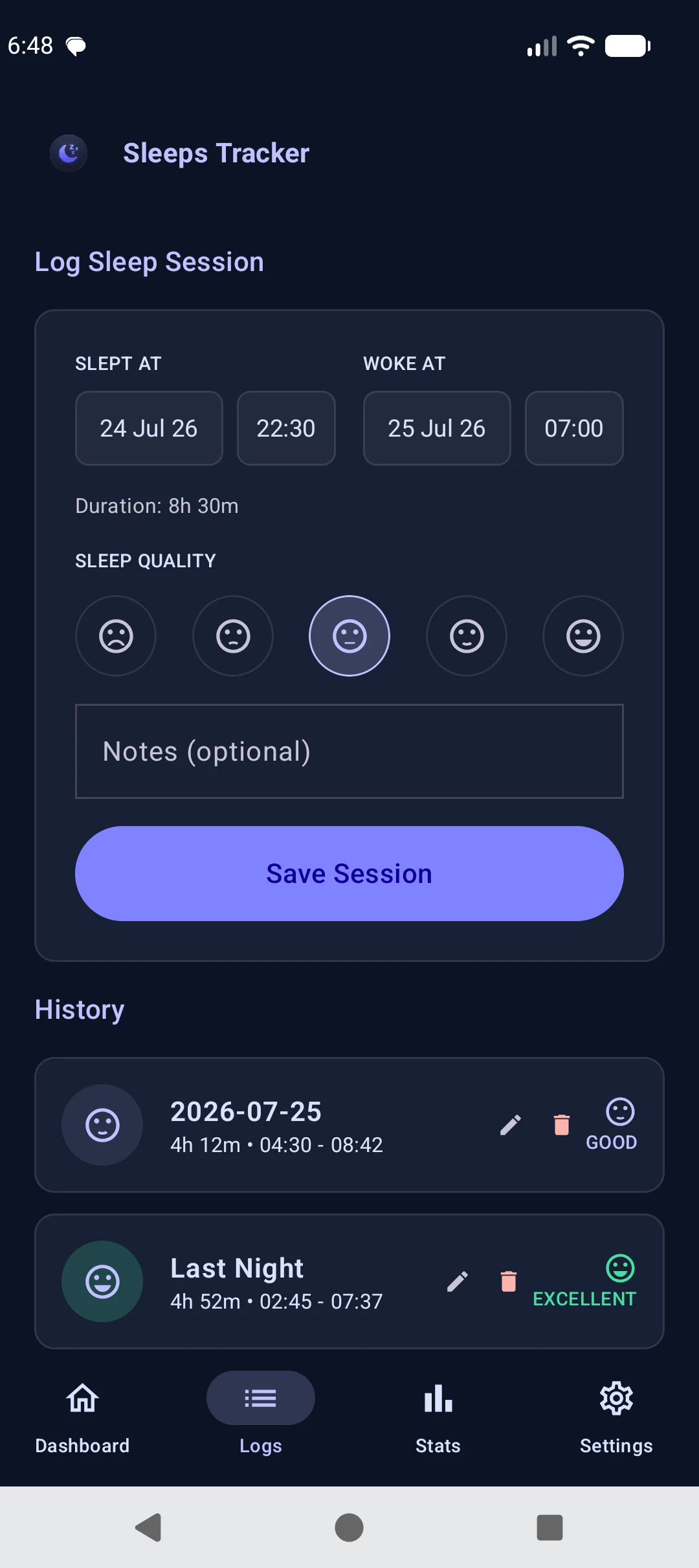 Sleeps Tracker sleep logging screen with time inputs, quality selection and saved history items