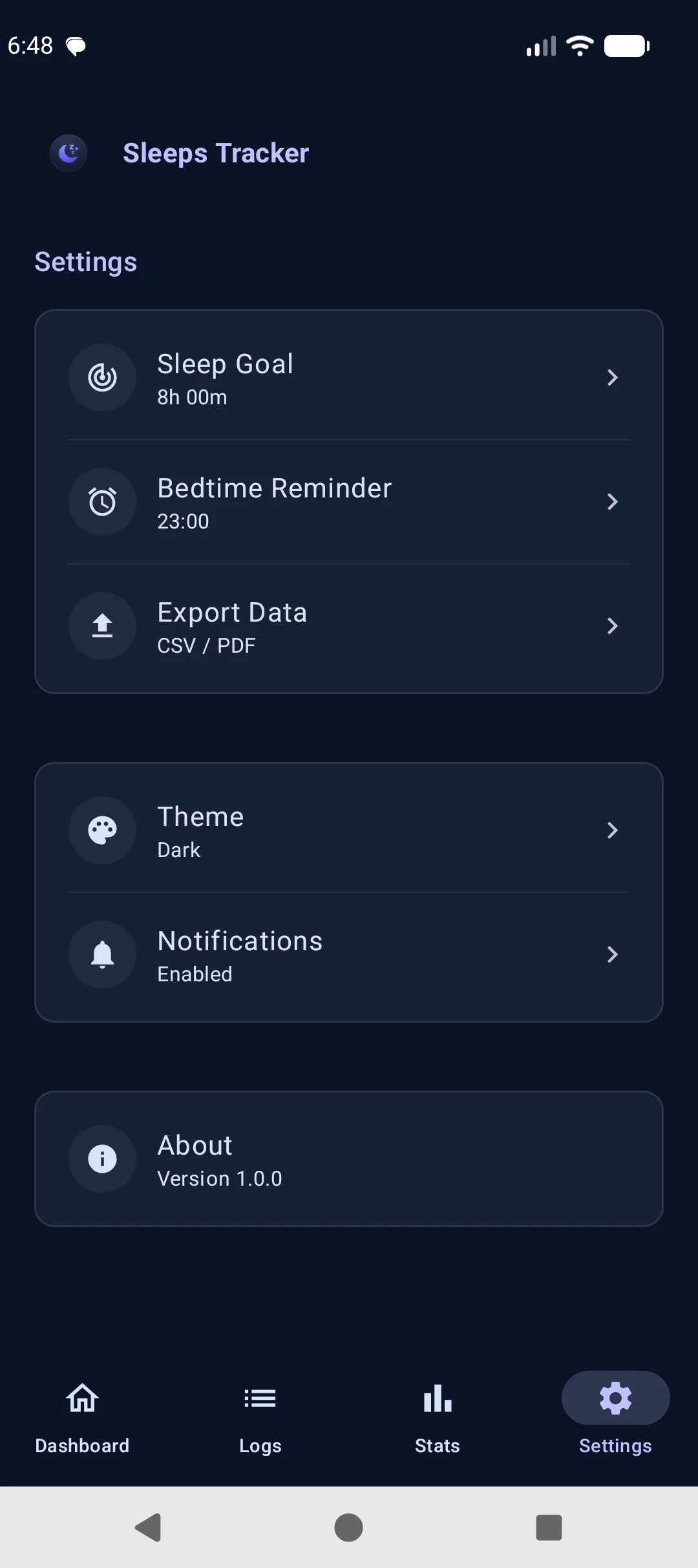 Sleeps Tracker settings screen with sleep goal, reminder, export data and theme controls
